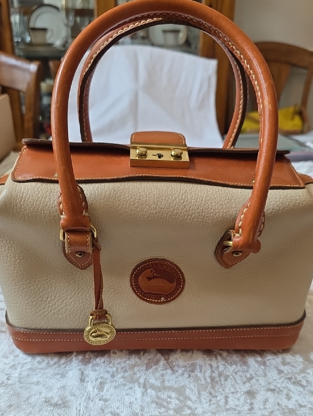 Vintage Dooney & Bourke Cream and Tan Leather Doctor's Bag Circa 80s/90s
